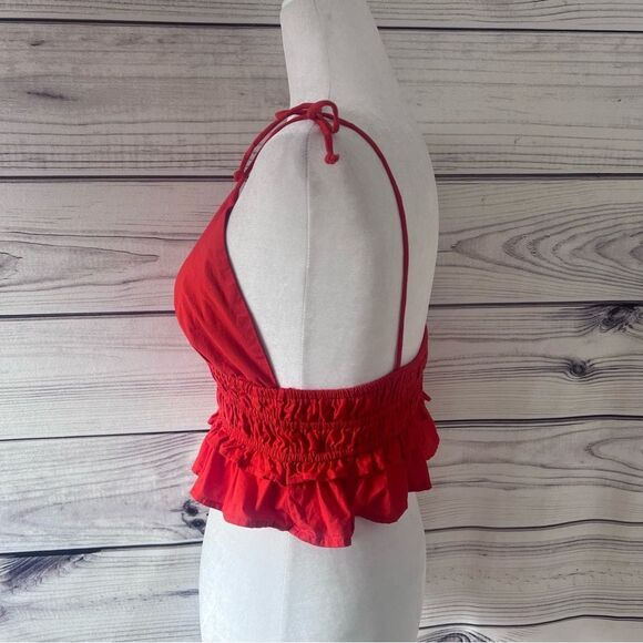 Sim & Sam Red-Orange V Neck Tie Shoulder Crop Top - Picture 5 of 9